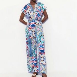 Zara‎ Satin Effect Print Multicolored Geometric Pattern Jumpsuit - Size M